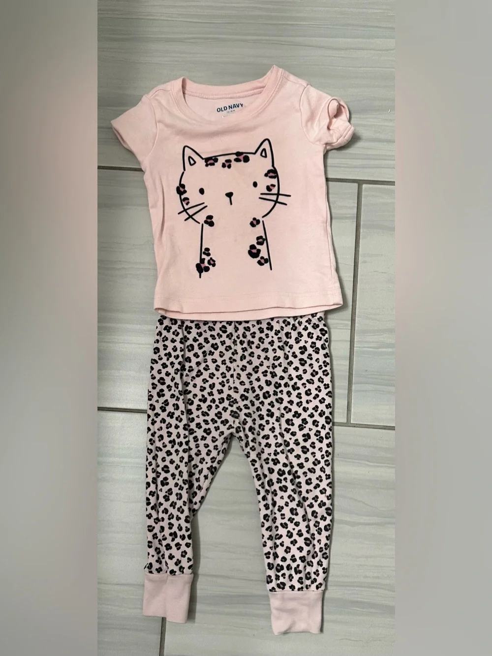 Old Navy Light Pink Cat Top & Leopard-Print Pajama Set